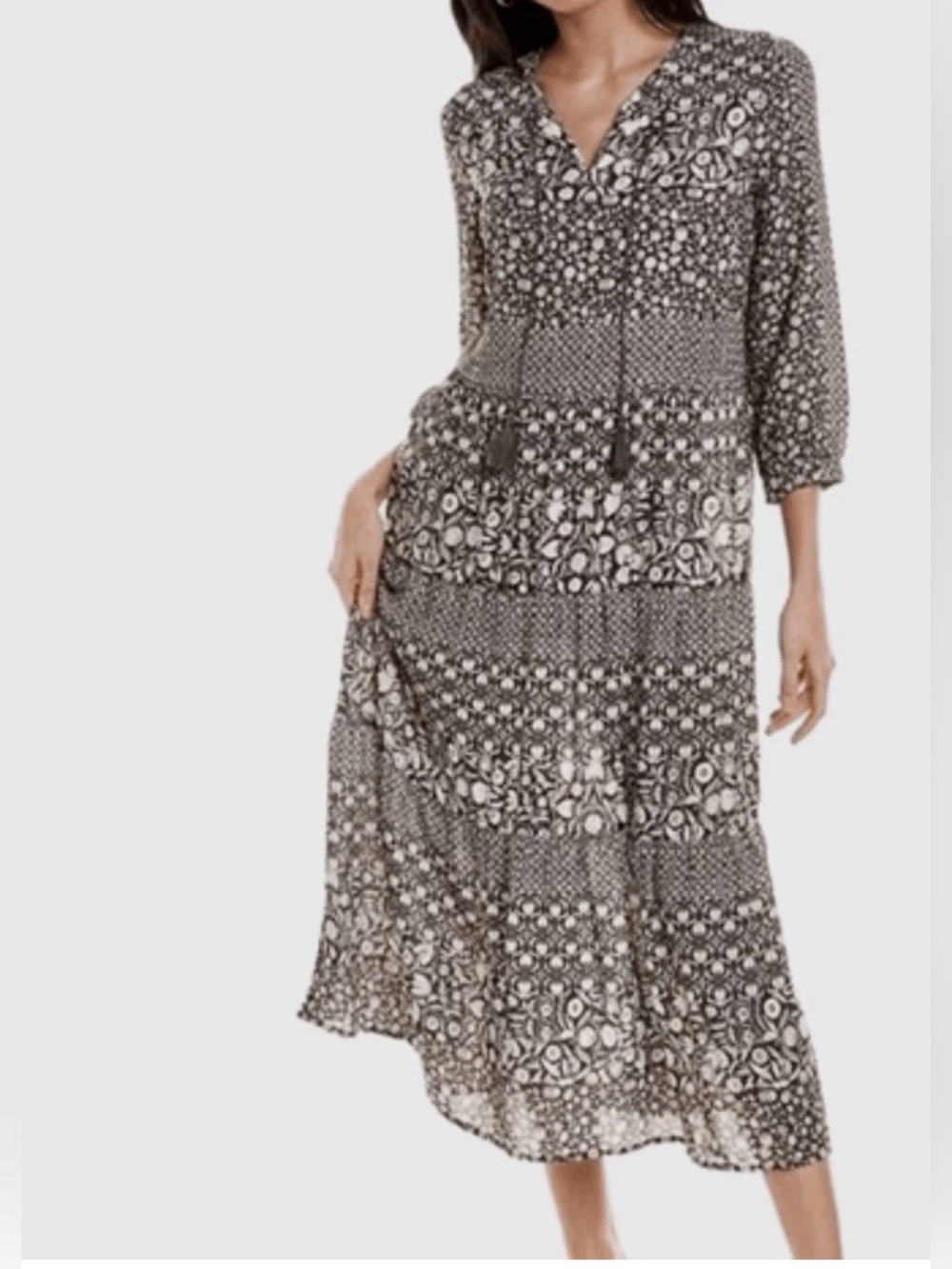 J. McLaughlin Dress Women's Medium Grey Floral Hortense Tiered Midi Resort - Picture 1 of 16